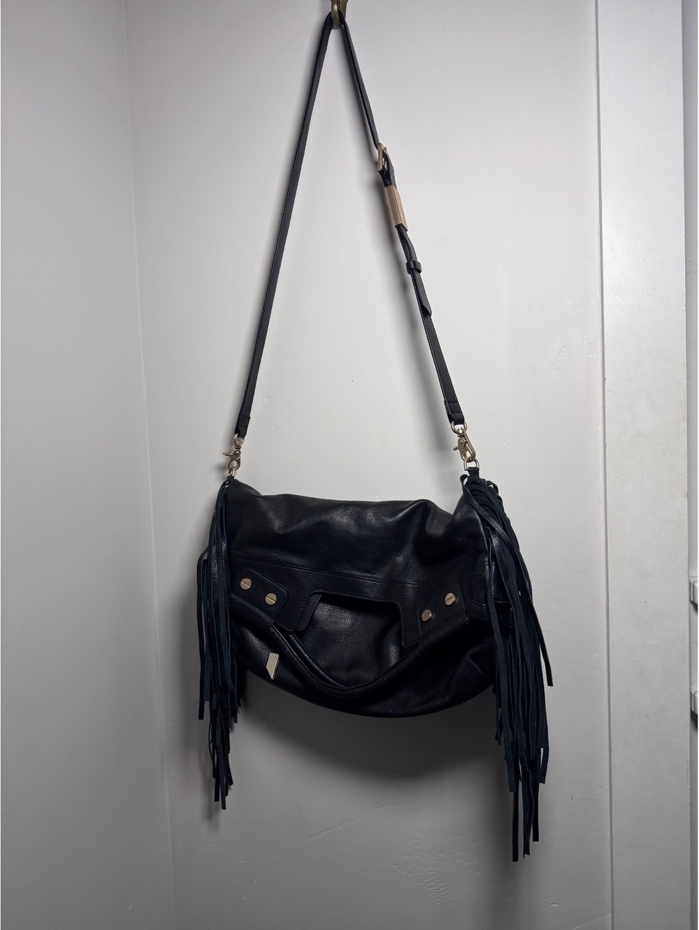Foley + Corinna Black Leather Fringe Shoulder Crossbody Bag Moto Boho Large